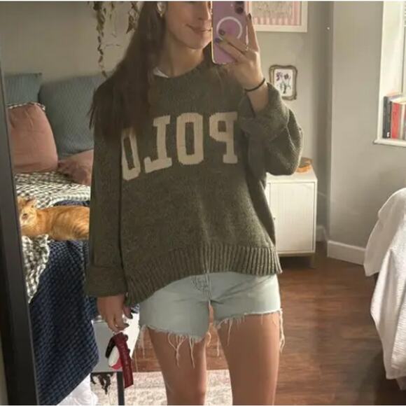 Polo Ralph Lauren Olive Green Logo Sweater LARGE Oversized Cotton Soft Cozy $300 - Picture 9 of 14